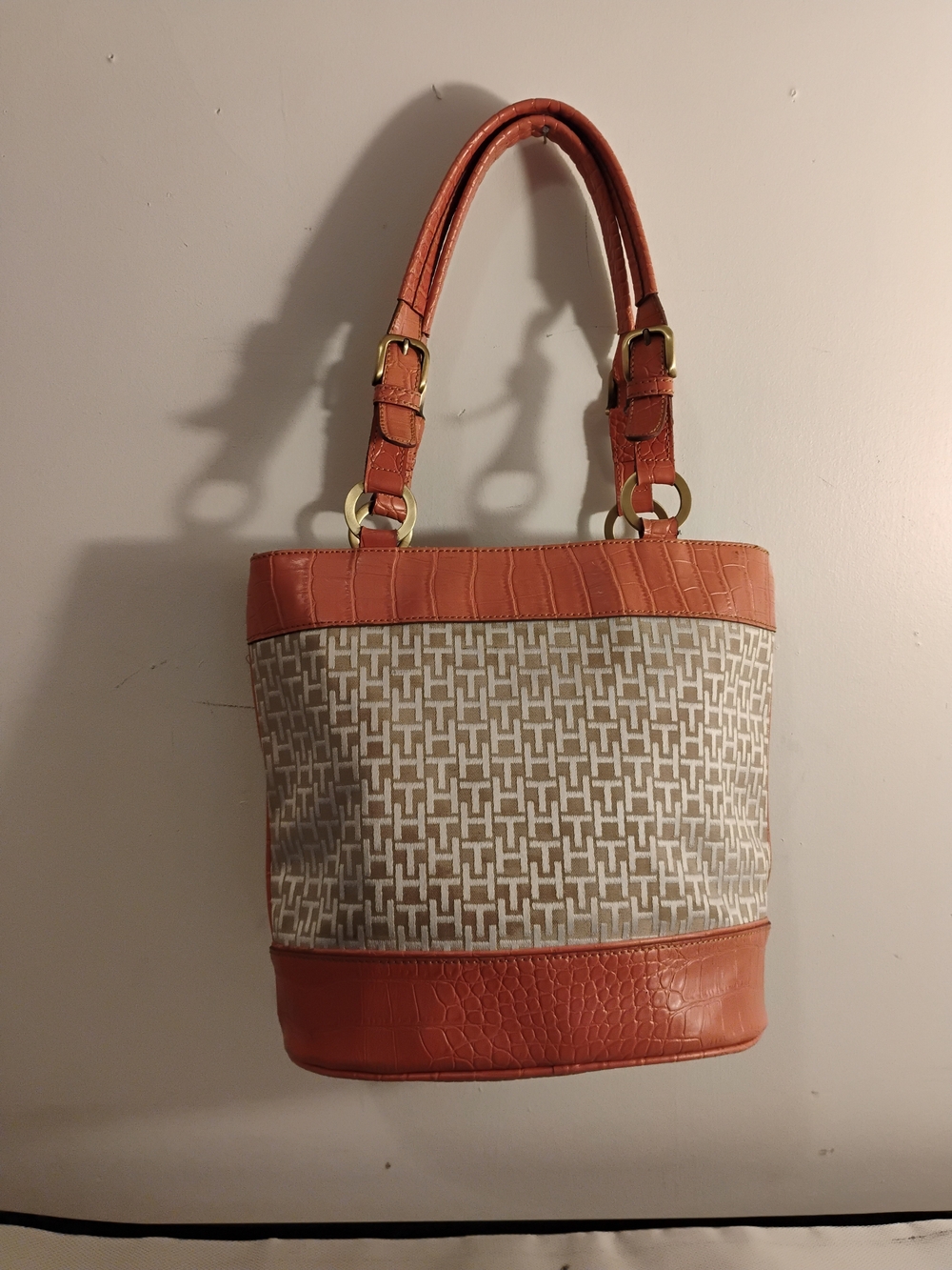 Tommy Hilfiger Coral and Cream Signature Canvas Shoulder Bag